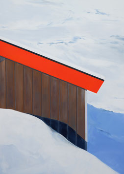 Matthieu van Riel Schilderijen. Cabin in Snow with Red Roof 140x100cm flashe (acrylic) on canvas 2020