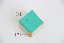3cm角の正方形キューブの表面【1】と角1辺【2】を、コンセントカバーに入るようにやすりで削り調整します