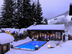 Aussenansicht Pool im Schnee Jagdgut Wachtelhof