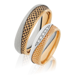 Rot- und Weissgold Eheringe mit Netz-Struktur und Brillanten aus der Trauring Kollektion Together von der Goldschmiede OBSESSION in Zürich und Wetzikon.