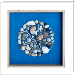 shell art ; composition en coquillages ; coquillages collés ; tableaux coquillages et bois flotté ; tableau bord de mer
