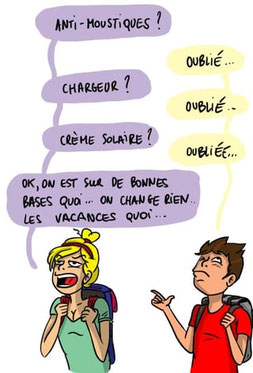 Atelier charge mentale au Pertuis – Bande dessinée humoristique sur l'oubli et l'anticipation des vacances, illustrant le surmenage cognitif et l'accompagnement de Gaëlle Pagès pour lâcher-prise.