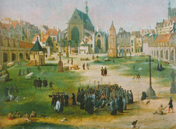 Le cimetière des Saints-Innocents, dans le quartier des Halles à Paris. Huile sur bois du XVIe siècle. Temple de Paris