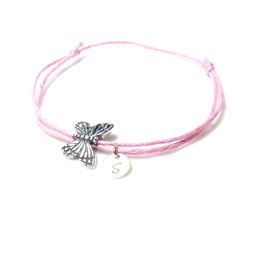 Beste Freundin - rosa Armband mit Silber Schmetterling und Stempelplättchen Buchstabe Initial