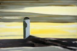 Matthieu van Riel schilderijen. Toren aan gele horizon 70x104cm olie op canvas 1998 (Collectie Provinciale kunstuitleen Utrecht Houten)