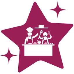 Icône étoile avec cours de cuisine dessiné et lien vers la page des ateliers en présentiel