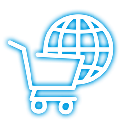 Icon: Digitaler Globus und Warenkorb. Steht für Fulfillment, E-Commerce & Onlinehandel 