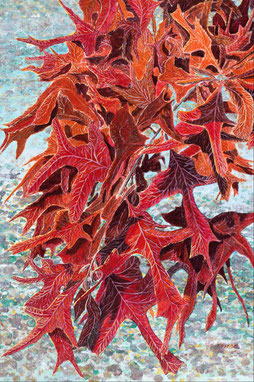 Acrylic painting of red-orange fall oak leaves - "Dancing Leaves"