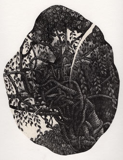 心内環境風景①(絡まったまま成長を続ける)/木口木版/24×18cm/シート価格￥26,400(税込み)/ 額装込み￥35,300(税込み)