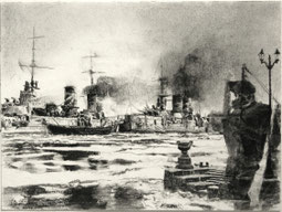 „Petropawlowsk und Sewastopol/Kriegsschiffe“, Kohle auf Papier, 30 x 40 cm, 2020
