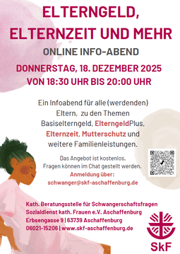 Auf dem Bild ist eine schwangere Frau und der Termin des online Vortrages. Er findet am 18.12.25 um 18:30 Uhr statt.