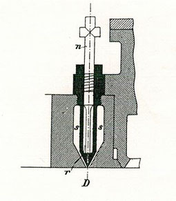 Rudolf Diesel, erstmals im April 1892 vorgeschlagene Einspritzdüse mit Kammer, spätere Reinzeichnung 