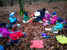 Kinder im Waldkindergarten sitzen im Kreis im Wald, während eine Erzieherin ihnen ein Buch zeigt