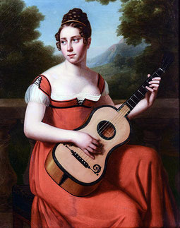 Porträt einer Gitarre spielenden Dame. Gemälde von Julie Volpelière. ca. 1820.