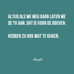 Altijd als we weggaan laten we de televisie aan. Dat is voor de boeven. Hebben zij ook wat te kijken. Chayah Godschalk Visser, Oneliners, Humor, Quotes