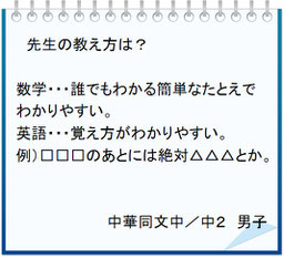 生徒の声　先生の教え方は？数学・・・誰でもわかる簡単なたとえでわかりやすい。英語・・・覚え方がわかりやすい。例）□□□のあとには絶対△△△とか。中華同文中／中２男子