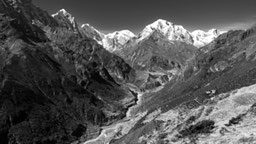 Black and white photo of a mountain valley in Nepal