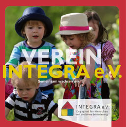 Hier sieht man das Cover vom Vereinsflyer INTEGRA mit Kindern. Du kannst das Bild anklicken und kommst auf unsere Subseiten: Über uns und Presse 
