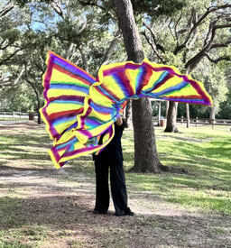 Wing shaped flags in yellow, turquoise, purple and blue