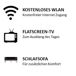 Ausstattung: Großes Badezimmer mit Dusche/WC, gemütliches Bett mit angenehmer Bettwäsche, Schreibtisch für bequemes Arbeiten, kostenloses WLAN, Flatscreen-TV, Schlafsofa, Wohnküche, Küche, gratis Willkommensgetränk