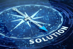 ©  Sashkin - Business solution concept - Compass needle pointing solution word. 3d rendering