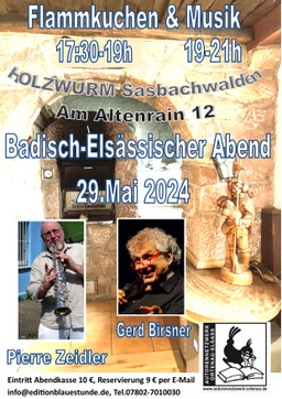 MI, 29.5., Naturhotel Holzwurm, Gaststube, Sasbachwalden. Flammkuchen ab 17:30 Uhr. Programm ab 19 Uhr.