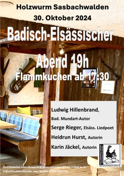 Mittwoch, 30.10. Holzwurm Sasbachwalden, ab 17:30 Uhr Flammkuchen und ab 19 Uhr Programm