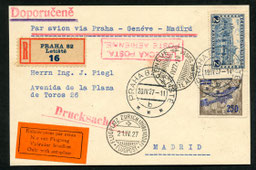 20.4.1927 Prag, R-Drucksachenkarte Prag-Marid im Transit von München (AD ASTRA/DLH) nach Zürich und via Genf -Marseille mit AD ASTRA/BALAIR/AIR UNION möglich.