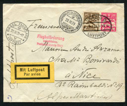 27.3.1929 Danzig, Flugpostfrankatur, im Transit durch die Schweiz nach Frankreich. Ab Berlin mit DLH via Stuttgart-Genf-Marseille (diese Linie bestand seit 1928), rückseitig Stempel "Berlin CL 2"