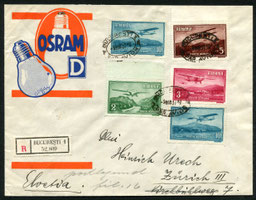 3.3.1937 Bukarest,  mit CIDNA/SWISSAIR Bukarest-Wien-Zürich, Transitstempel "Wien 1 Flugpost" rückseitig.