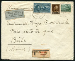 31.3.1939 Tirana, R-FLP-Brief Shkoder-Tirana-Bari weiter per Bahn bis Basel, rückseitige Transitstempel von Tirana und wie Bahnpoststempel "Amb. Lecce-Brindisi".