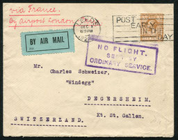 1.12.1922 Leeds, Brief ab London für die schon bestehende Fluglinie der HANDLEY PAGE nach Paris mit Ausfallstempel "NO FLIGHT" Eine durchgehende Fluglinie für die Schweiz bestnad erst im August 1923.