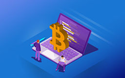 Laptop über dem das Bitcoin Zeichen schwebt.