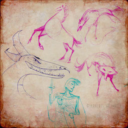 sketche-sketches-croquis-bic-couleur-middle-age-khight-dragon-wolf-horse