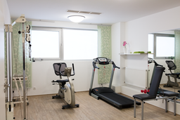 Kleiner Fitnessraum mit Heimtrainer, Laufband, Hantelbank und Spiegel an der Wand