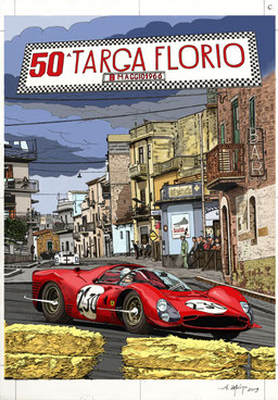 Nino Vaccarella su Ferrari 330 P3, Targa Florio 1966. Inchiostro su carta, colorazione digitale (2019).