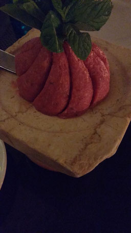 The beautifully presented Kibbeh Nayyeh Orfali at Kan Zamaan, Jordan.