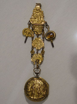 Gold Chatelaine with pocket watch and fob ornaments, London, 18th century.