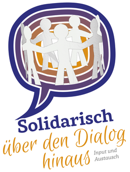 Illustration für die Veranstaltung: Vor eine Sprechblase in den Farben von Altona Mitt’einander sieht man eine Reihe von Menschen, die einen Kreis bilden und einander die Hand reichen.