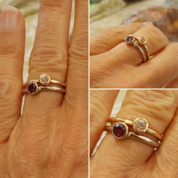 Création sur mesure de deux bagues : or gris palladié et rubis / or rose et diamant