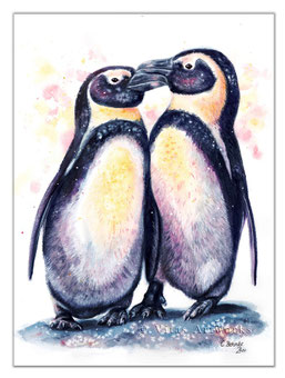 verliebte Pinguine gemalt mit Aquarell - emotionales Originalkunstwerk 