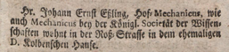 Last listing of Essling in the Adreß-Kalender Berlin 1743, p.115 [4]. 