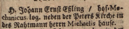 Essling's first listing in the Adreß-Kalender Berlin 1708, p. 95 [4].