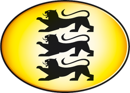 Baden-Württemberg-Logo, gelb und oval mit drei Löwen.