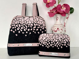 sac-a-dos-design-mosaïque-de-liège-rose-sur-jean-noir-et-trousse-coordonnée