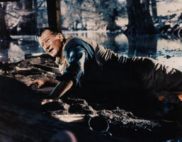 John Wayne shooting a crucial scene of "The Sons of Katie Elder" near the triple waterfall Cascada El Saltito, east of Durango.