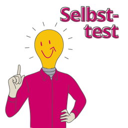Selbsttest symbolisiert durch eine Comicfigur mit einem Kopf mit leuchtender Glühbirne mit einem lächelnden Gesicht
