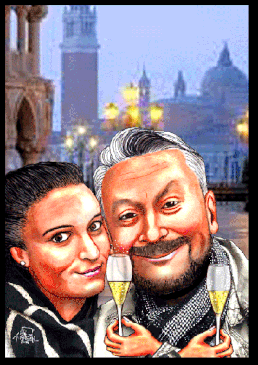 Karikaturen als Geschenk, ein Paar im Urlaub in Venedig.