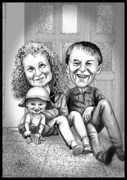 Karikaturen zeichnen lassen. Eine Familie sitzt vor ihrem Haus.