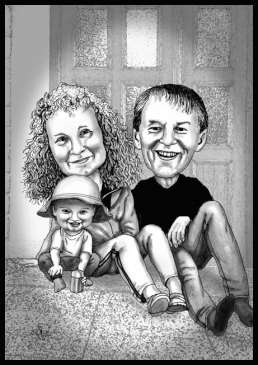 Karikaturen zeichnen lassen. Eine Familie sitzt vor ihrem Haus.